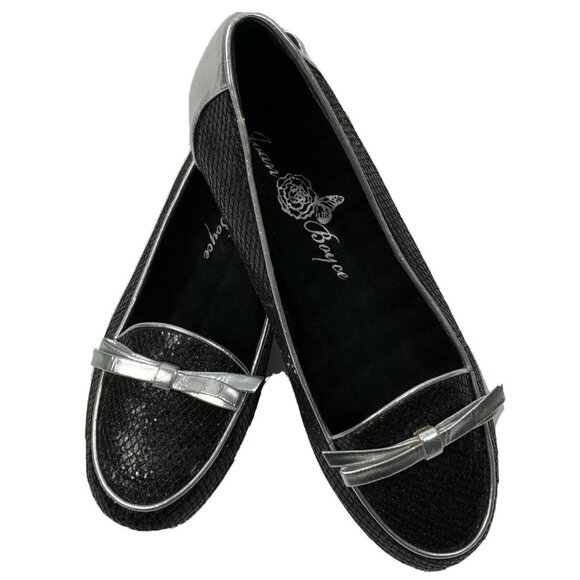 Joan Boyce Slip On Flats Shoes Size 7 Black Silver Bow Loafers Comfort Shimmer - Picture 3 of 11